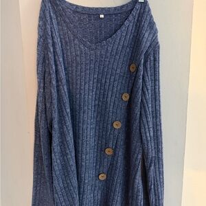 Blue Ribbed Sweater with Button Detail